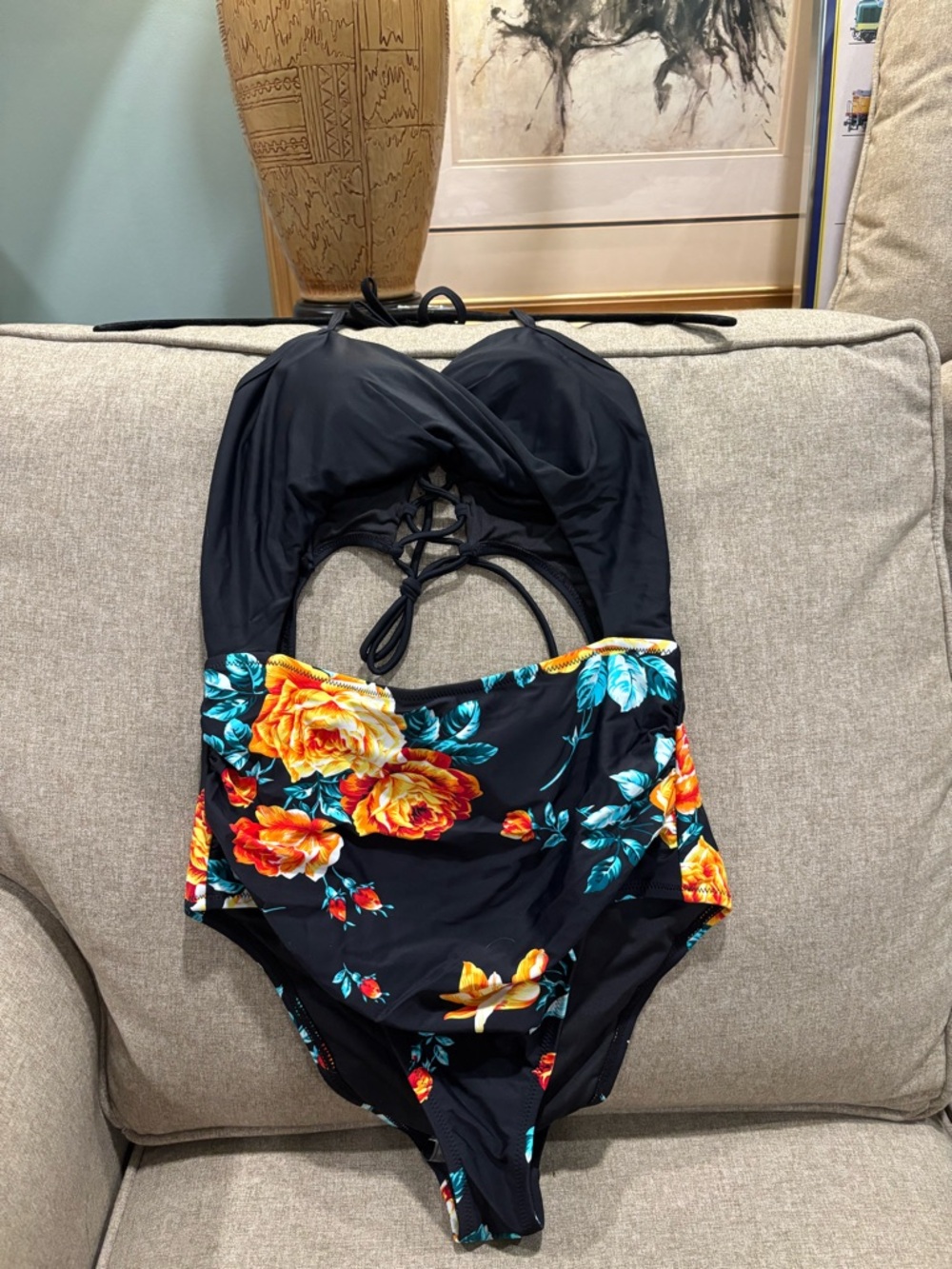 Cupshe Black One-Piece Swimsuit with Yellow-Orange Floral Print